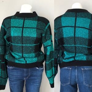 Vintage Jade and Black Plaid Mock Neck Sweater